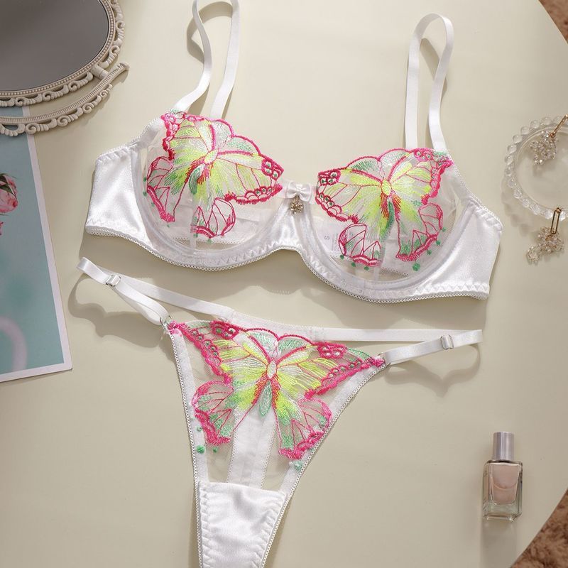 LadyAllure COD Set Bra Wanita Sexy Lace Bordir Kupu Putih Transparan Ultra Tipis Underwire Push Up +