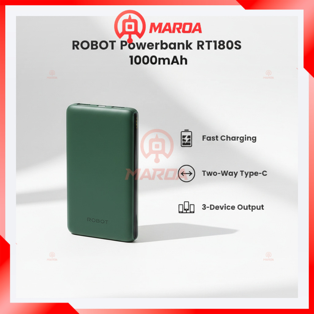 ROBOT Powerbank RT180S 10000mAh Original Dual USB Type-C 12W Pengisian 3 Perangkat Simultan Slim 220