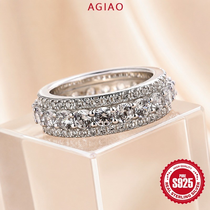 AGIAO Cincin Berlian Lingkaran Penuh Platinum Zirkon AAAAAA Hiphop Penuh Pria Dan Wanita Modis