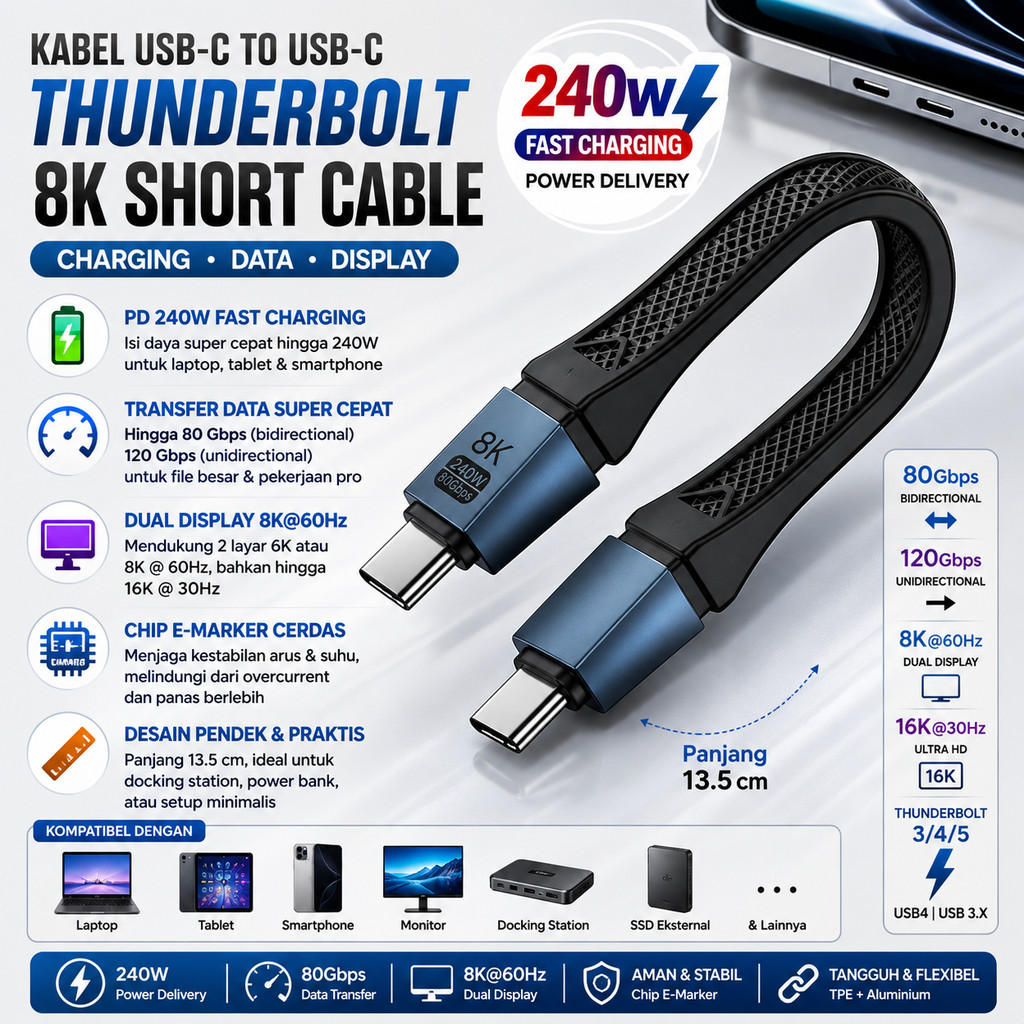 Kabel Usb Type C To Type C Thunderbolt 5 120gbps 240w 16k 30hz 8k 60hz Murah Bagus Awet Kuat Bahan A