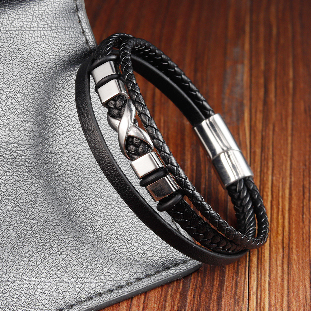 Gelang Kulit Pria - Kulit Asli Stainless Steel - Desain Geometris Dua Lapis - 21CM - Aksesori Fashio
