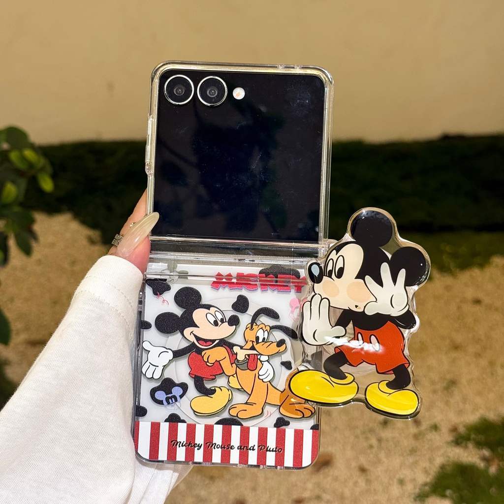 Flip7 3in1 Casing Magnetik Samsung Galaxy Z Flip 6 Flip5 Casing Kartun Lucu Mickey dengan Rantai Pen