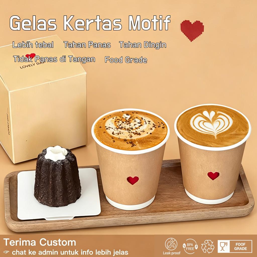 Paper Cup Double Wall Kraft 8oz 12oz | Motif Kopi Teh | Food Grade | Tahan Panas & Dingin | Cup + Tu