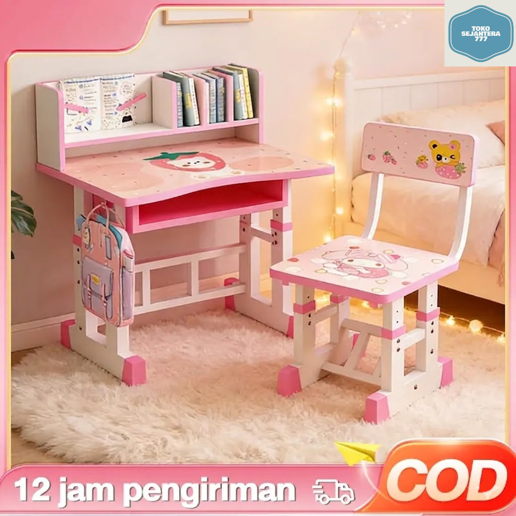 Meja Belajar Anak Multifungsi Set Kursi dan Rak Buku Karakter Minimalis Meja Anak