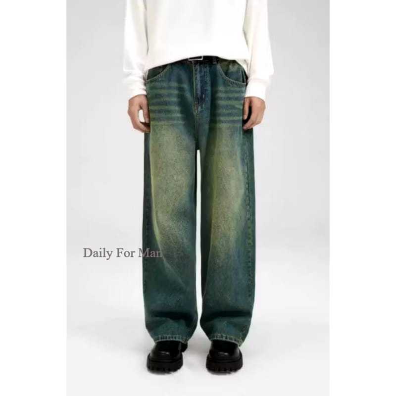 Celana Jeans Loose Fit Pria Model Vintage Style Whisker Baggy Jeans Straight