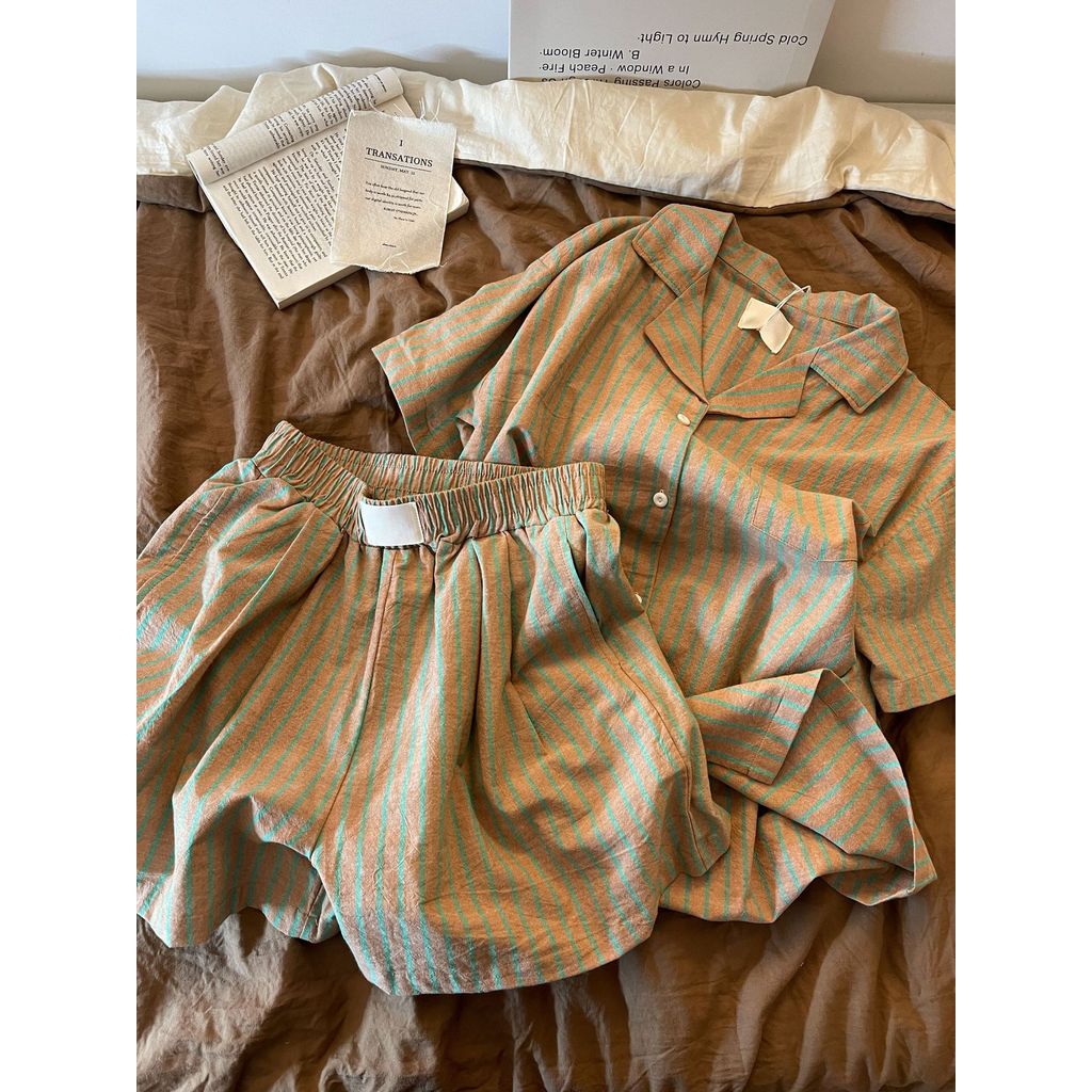 [Leemeoo] Setelan Piyama Wanita Kerah Kemeja Motif Salur Garis Retro Baju Tidur Cewek Set 2pcs Lenga