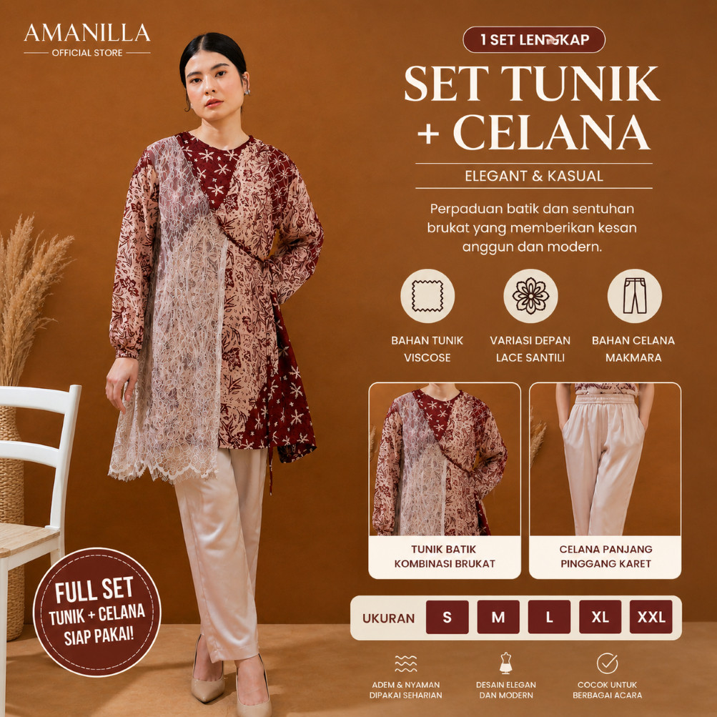 ZN - SET Tunik Batik Kombinasi Brukat + CELANA Panjang Wanita – 1 Set Outfit Elegant Casual (Full Se