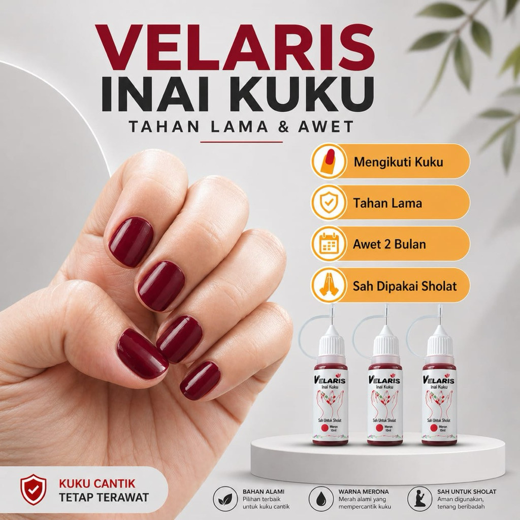 Inai Kuku Velaris Pacarkuku / Pewarna Kuku Muslimah / Kutek Muslimah Sah untuk Sholat Merah Maron