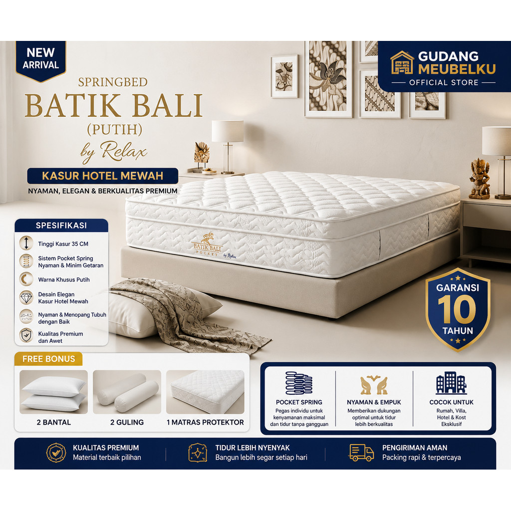 Relax Springbed HOTEL Pocket Kasur Tebal 35CM Free 2 Bantal 2 Guling 1 Matras Protektor //Relax Bati