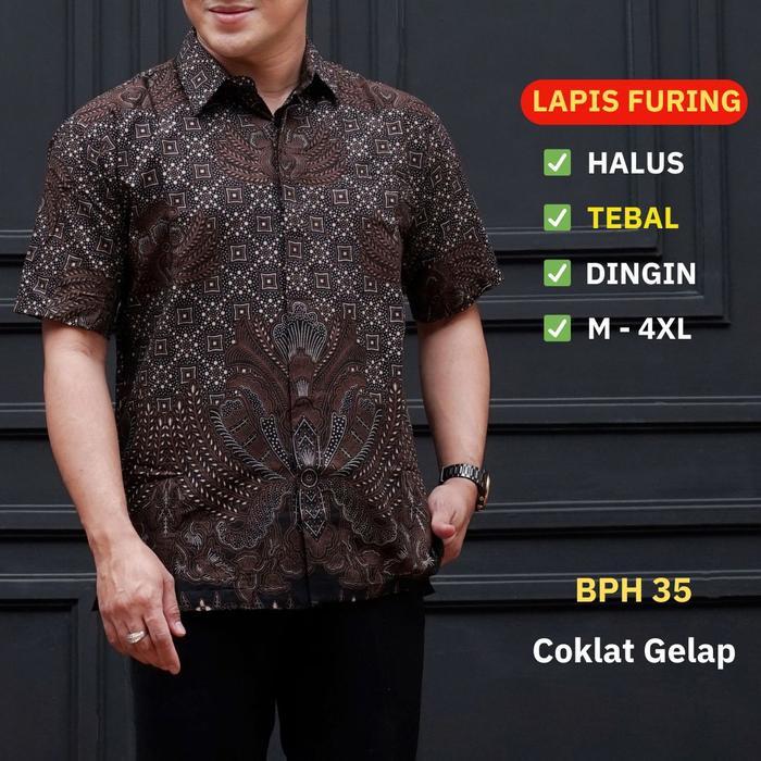 Batik Pria Lengan Pendek Lapis Furing Standar Jumbo Katun Motif Warna Coklat Mewah Batik Ambari BPH 