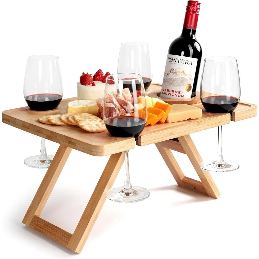 Outdoor Wine Picnic Table, Folding Wine Table, Charcuterie Board with Wine Glass Holder, Mini Table 