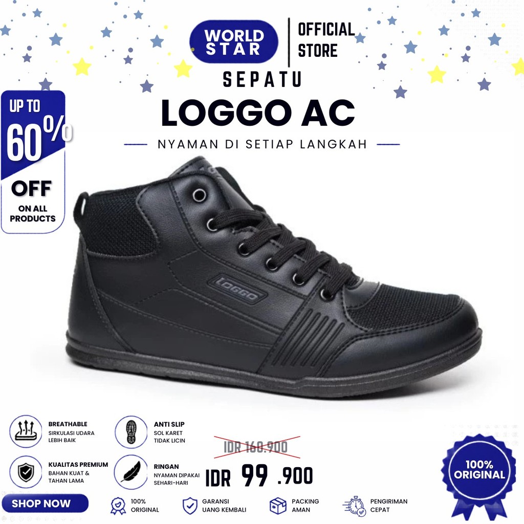 CUCI GUDANG SEPATU LOGGO AC SERIES 100% ORIGINAL || SEPATU SEKOLAH HITAM 37 - 42