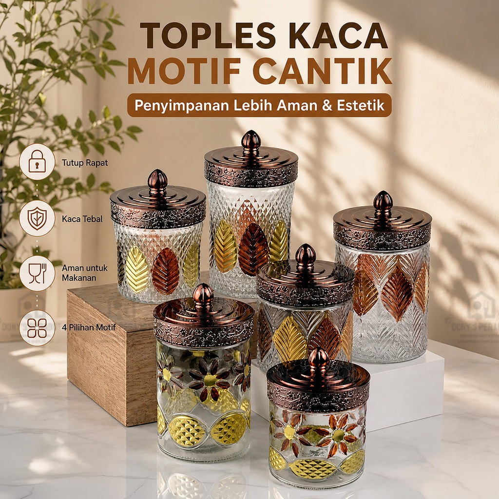 Toples Kaca Ukir Motif Bunga 3D Mewah | Toples Kaca Kue Lebaran Desain Eksklusif Untuk Kue Kering
