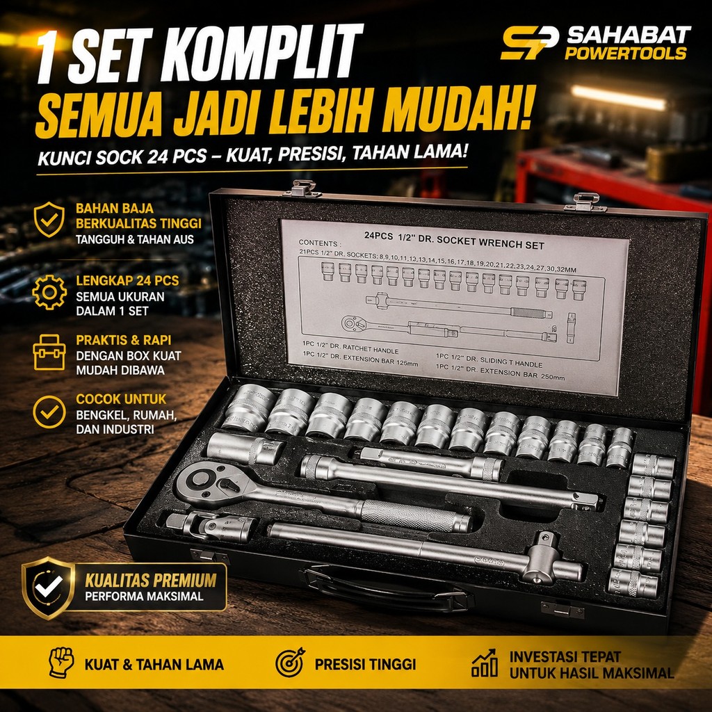 YUKIDO KUNCI SOK 24 PCS SOK SET 8 - 32 MM BOX PLASTIK - PLASTIK, 6PT BISA COD  ( Lengkap Paket Bengk