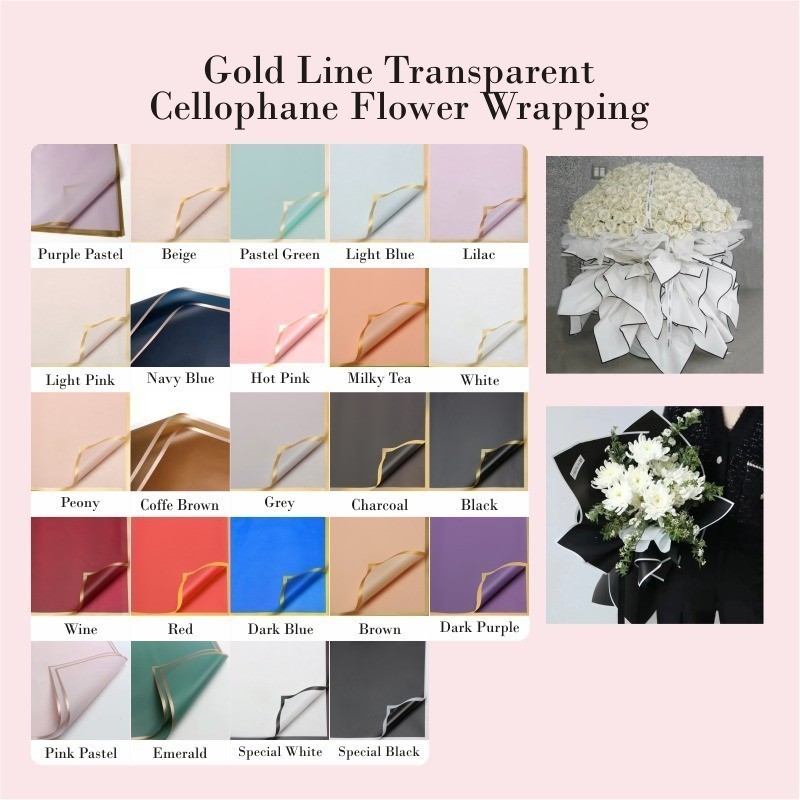[1 PACK ISI 20 LEMBAR] Kertas Buket Gold Line 1 lembar Flower Wrapping Cellophane Bunga Flower Wrapp