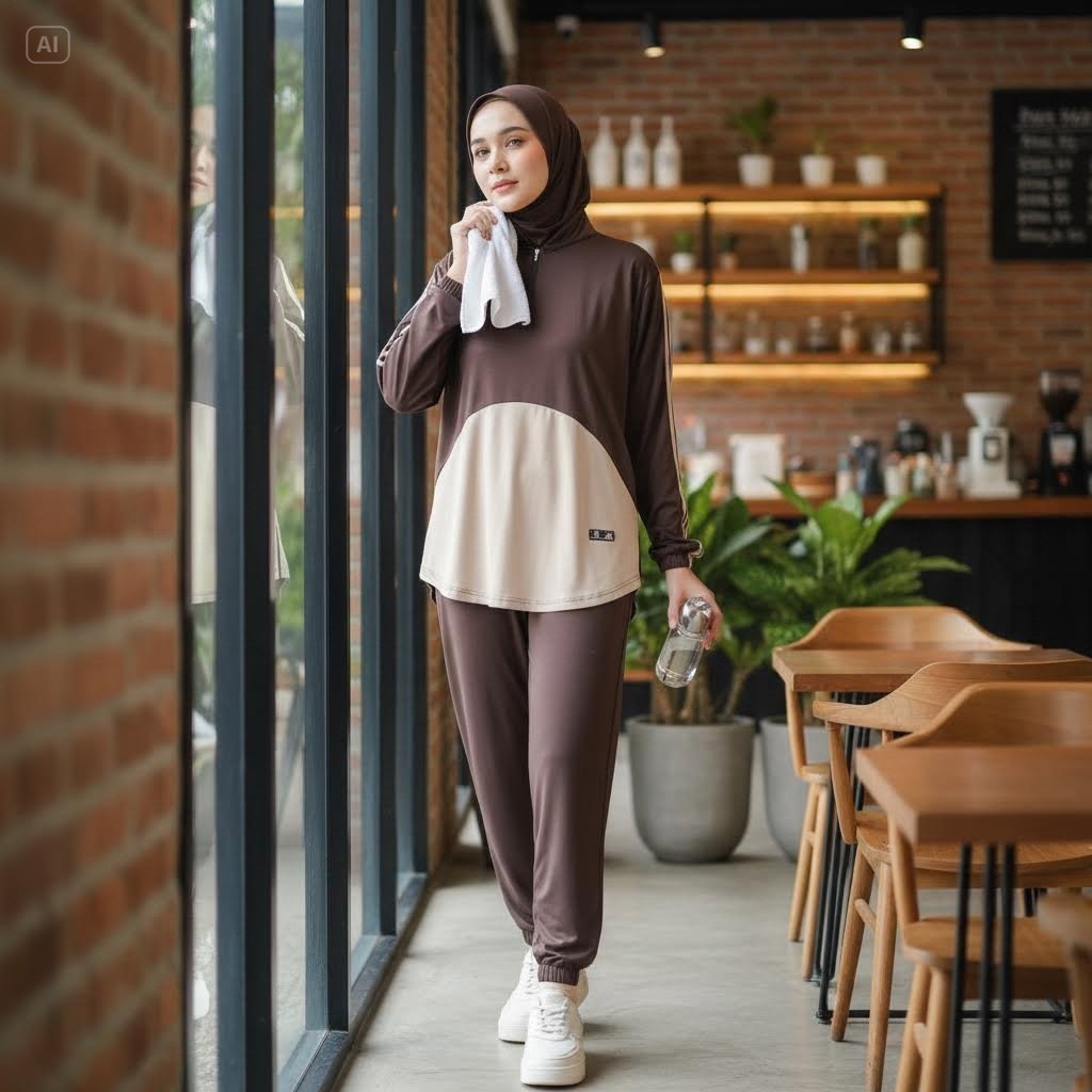 Set Baju Olahraga Perempuan Plus Hijab Muslim Terbaru Baju Sport Senam Lari Zumba Bersepeda Renang