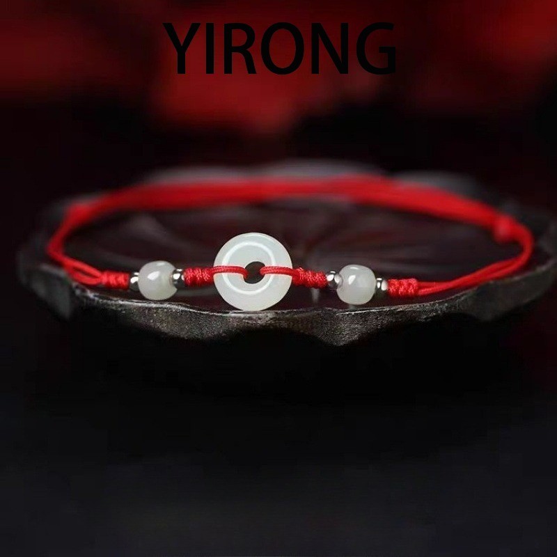 YIRONG Gelang Kaki Tali Merah Baru untuk Wanita Gelang Gesper Pengaman Giok Hetian Imitasi Rantai Ka