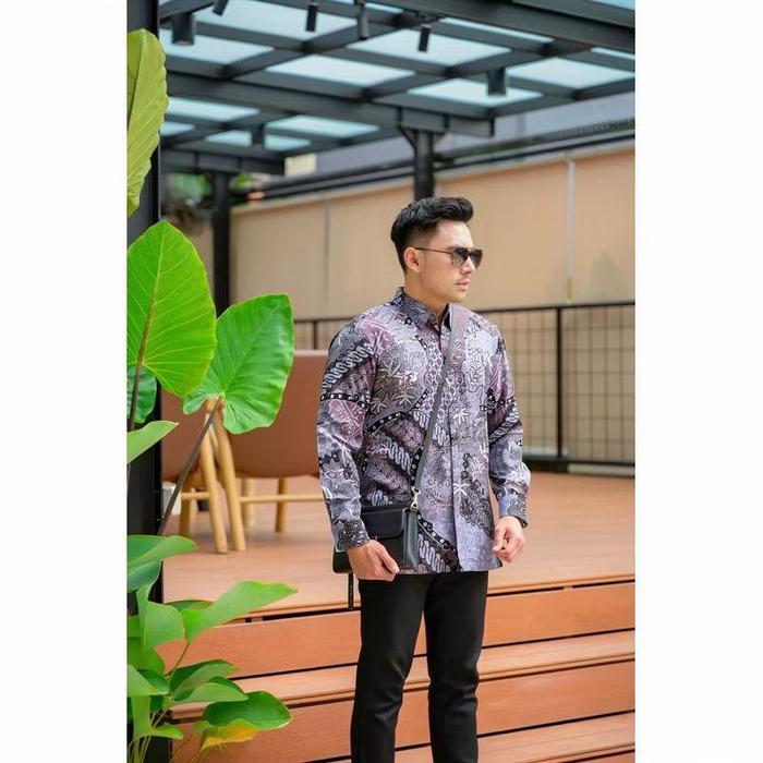 Kemeja Katun Batik Motif SEKARJAGAD LILAC Katun panjang pria baju katun Pendek Size Jumbo 5L LD 130 