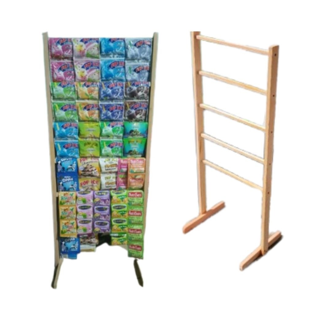 bahan full kayu Rak Minuman Sachet Rak Kopi Sachet Rak Rencengan Jajanan Warung Rak Kayu Penyimpanan