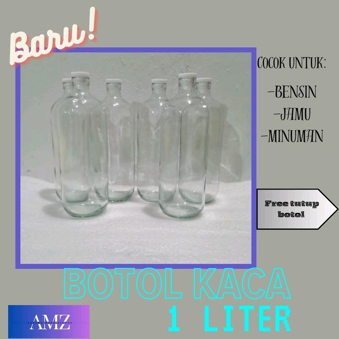 BOTOL BENSIN ECERAN UKURAN 1 LITER ( ISI 10 BOTOL DAN TUTUP) Kaca