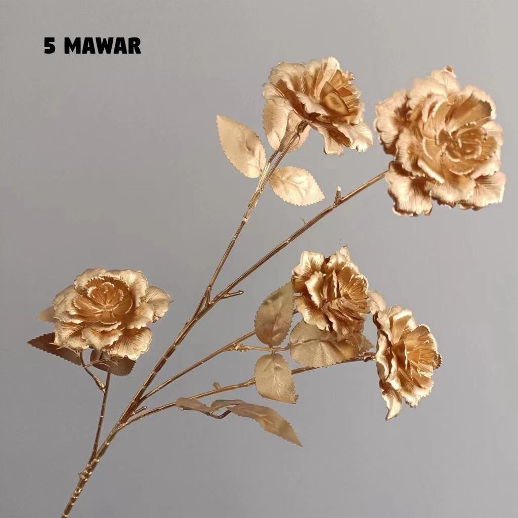 My Flower / Bunga Mawar Gold 5 Kuntum / Rose Gold Elegant / Mawar Artificial / Bunga Hias / Bunga De