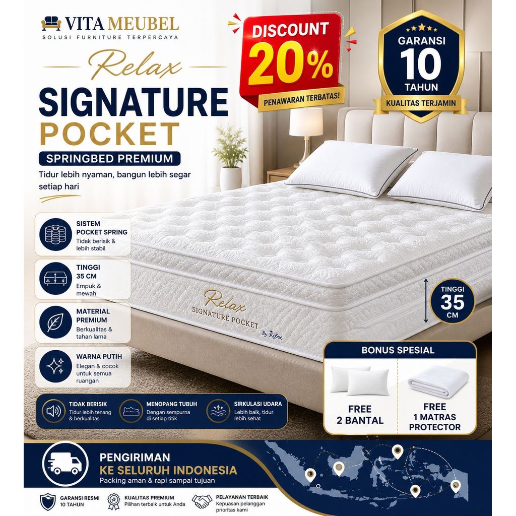 Relax Springbed HOTEL Pocket Kasur Orthopedic Tebal 35CM Free 2 Bantal 2 Guling 1 Matras Protektor /