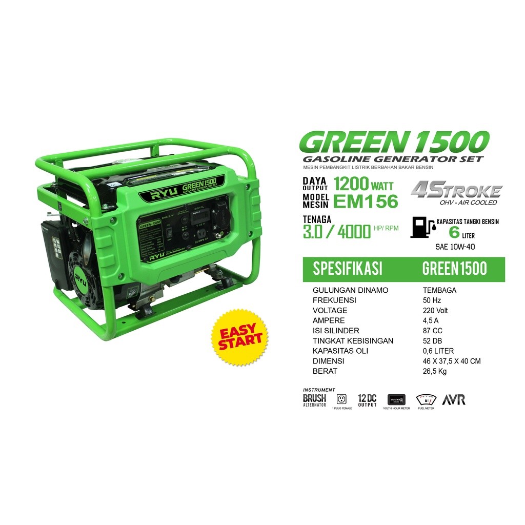 RYU GENSET RG1500-1 RG 1500-1 GENERATOR ENERGY RYU WARNA HIJAU GREEN DAYA 1200W 1200 WATT 156F 156 F