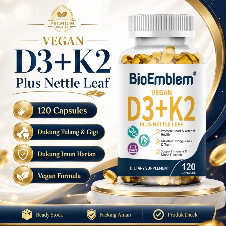 BioEmblem Vegan D3+K2 Plus Nettle Leaf 120 Capsules Suplemen Vitamin D3 K2 untuk Tulang Gigi Imun da