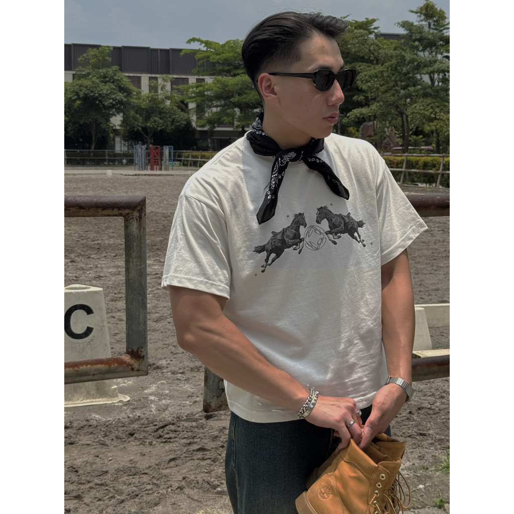 RUDEBASIC - BW Horse Monogram Tiny Tee - Heavy Weight Cotton| Kaos Boxy | Kaos Putih Pria T-shirt