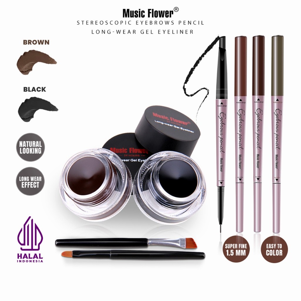 [BUNDLE] Music Flower Paket Make Up Mata Lengkap: Set Eyeliner Gel, Pensil Alis Stereoscopic, Pensil