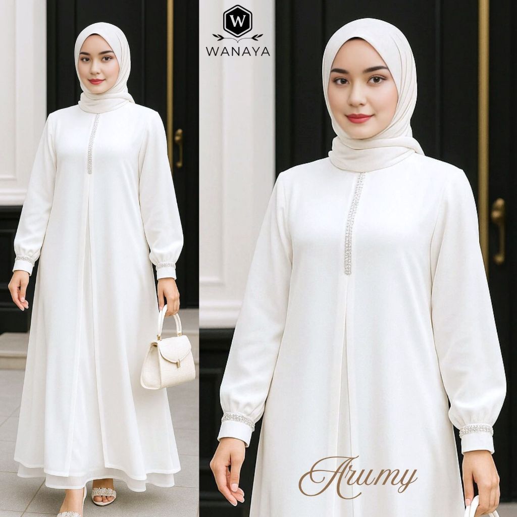 Abaya Wanita Arumy Ceruty Babydoll Hitam Putih Full Puring Aksen Swarovski