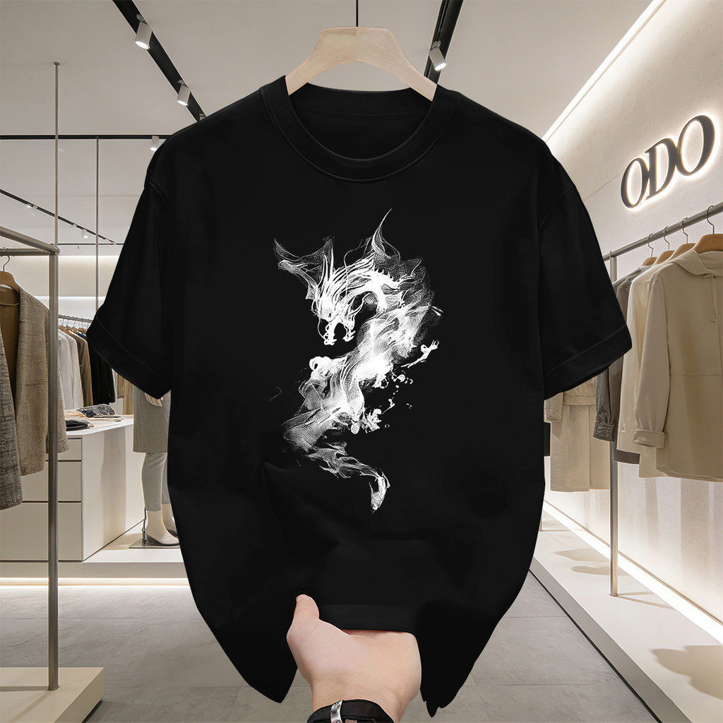 100% Katun Premium Boxy Crop T-shirt Gaya tinta Naga PRIA Baju Kaos OVERSIZE COTTON