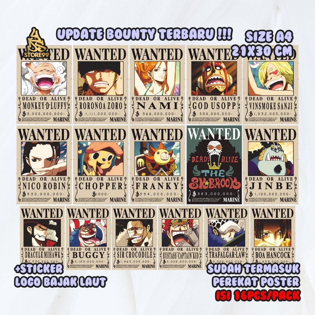 Terbaru [16pcs] Update  Poster Bounty One Piece Terbaru After Wanokuni