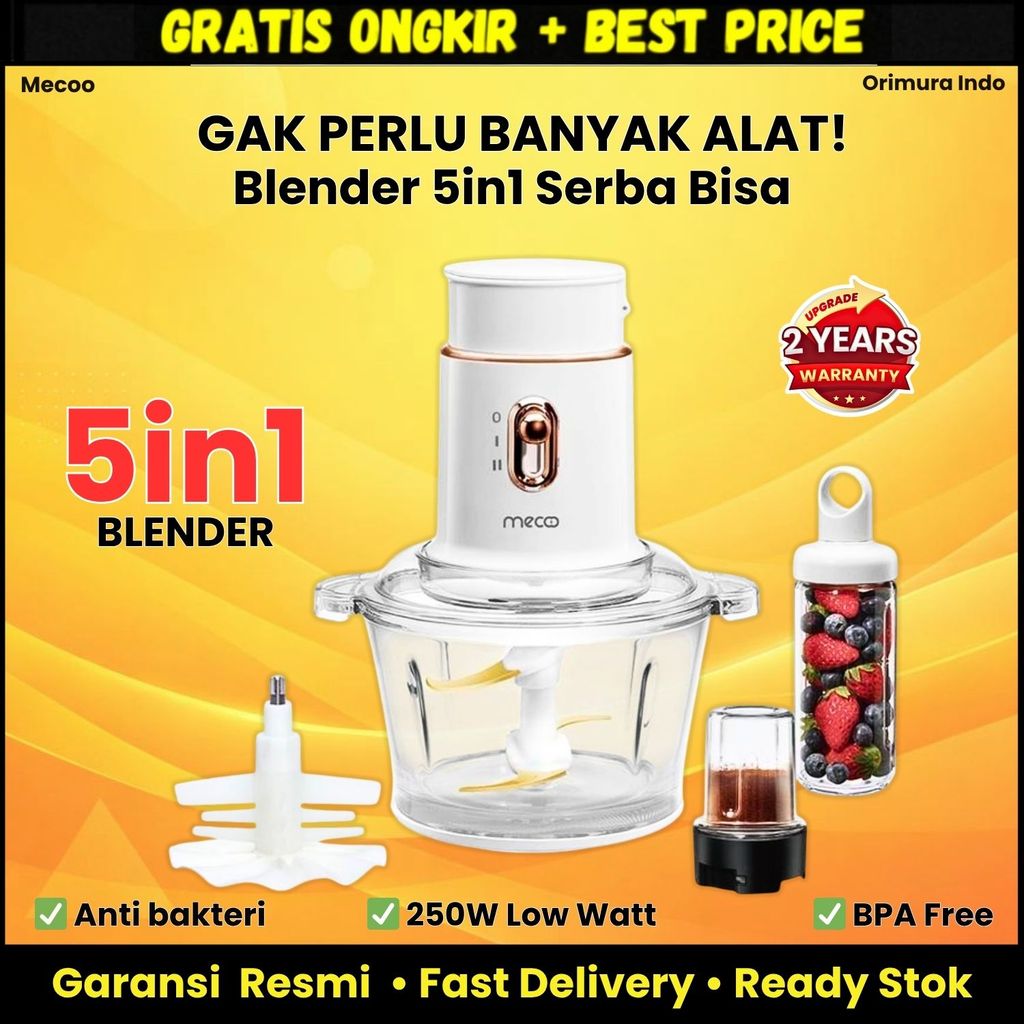 COD Mecoo Chopper 5in1 Aesthetic Low Watt 250W | Blender Daging Chopper Bumbu BPA FREE - White