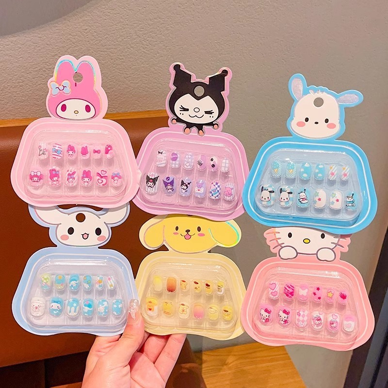 Fake Nail Art Stiker Kuku Palsu Anak Kuromi Melody Cinamoroll Set 12PCS Mainan Aksesoris Anak Peremp