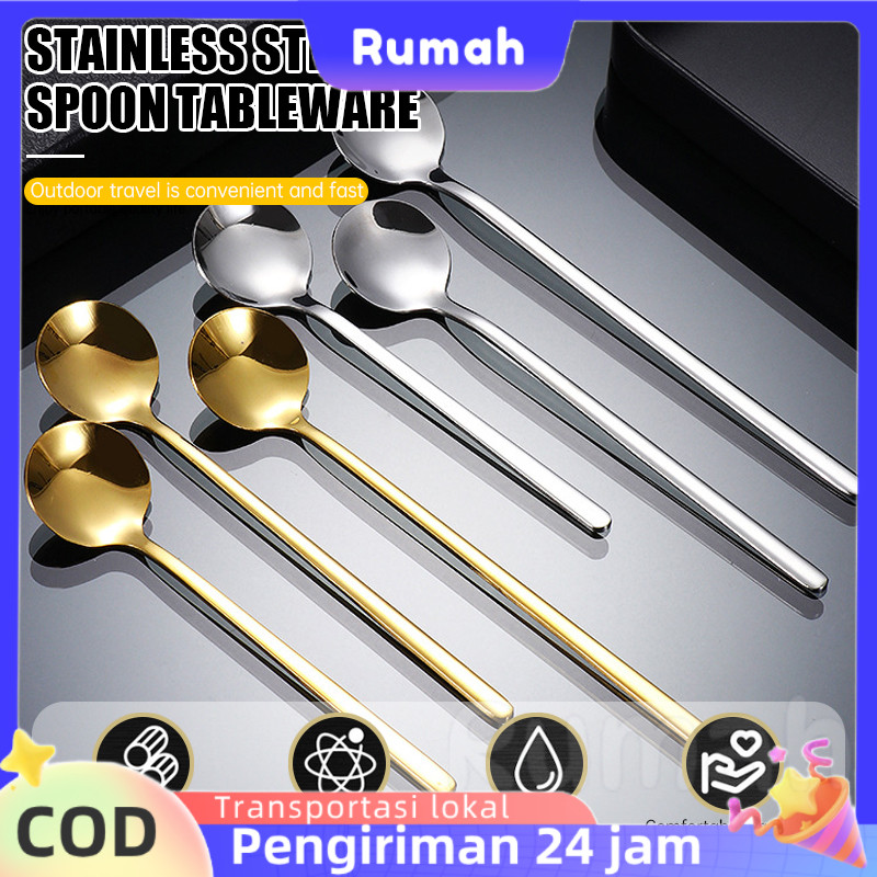 Sendok Nasi Rumah Tangga, Sendok Stainless Steel, Sendok Bulat Kecil Emas, Sendok Kopi Gagang Panjan