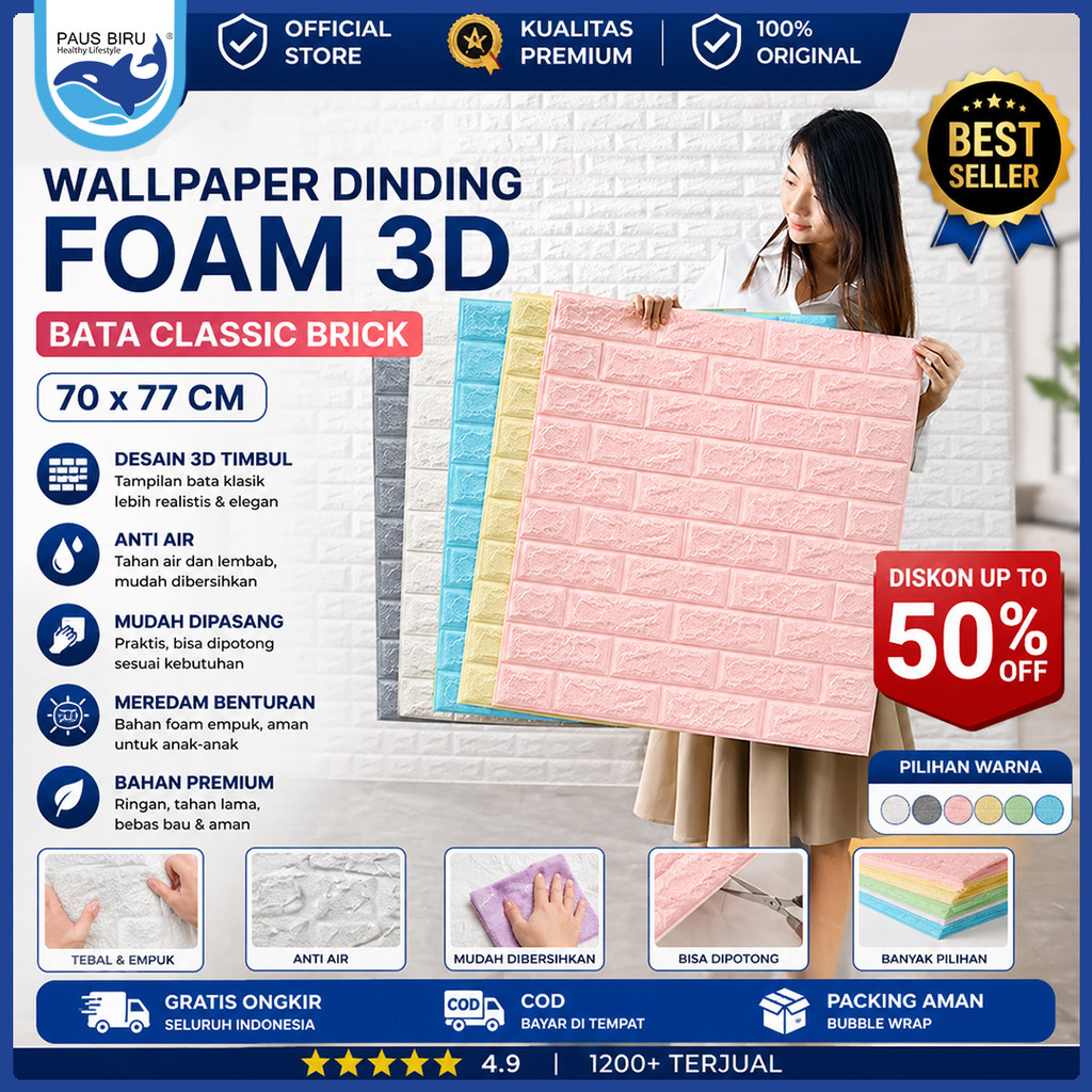 Paus Biru - Wallpaper Dinding Foam Timbul 3D Bata Classic Brick Wallpaper Bata 3D 70 x 77 cm