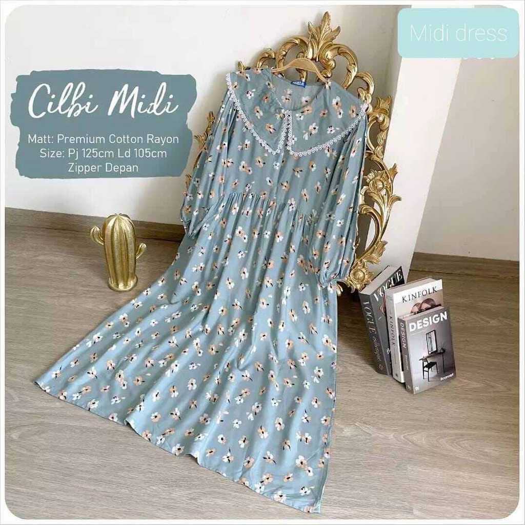 DRESS MIDI RAYON CILBI | GAMIS KERAH RENDA BUSUI MOTIF BUNGA KECIL | MAXI RESLETING