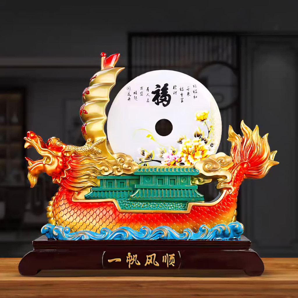GOODLIFE 29cm Patung Perahu Kapal Naga Kapal Naga Fengshui Koin