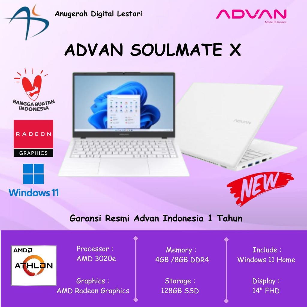 Advan Soulmate X AMD 3020e 8GB SSD 128GB WIN 11 Home 14" FHD IPS Blue/White
