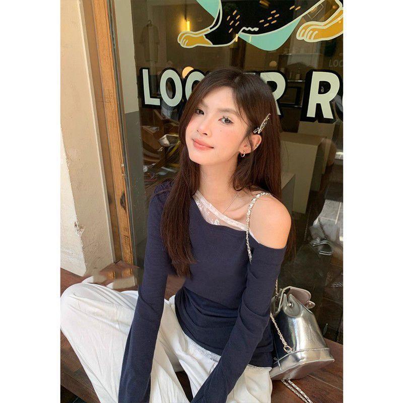 Aroana Atasan wanita T-shirt lengan panjang slim-fitting bahu miring biru laut untuk wanita, atasan 