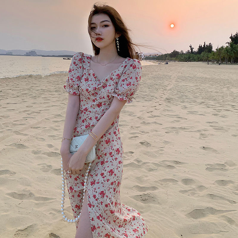 [COD]Gaun midi bergaya Prancis dengan motif sifon bunga.