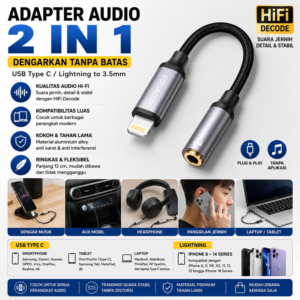 Kabel Adapter Audio 2 In 1 Usb Type C Lightning To Jack 3.5mm Murah Bagus Awet Kuat Bahan Aluminium 