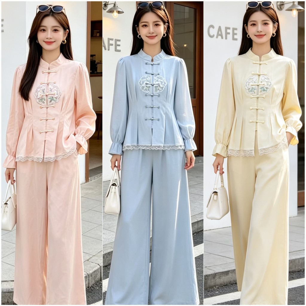 One Set Baju Tradisional China Style Bordir + Celana Kulot Renda Premium Wanita Terlaris M737