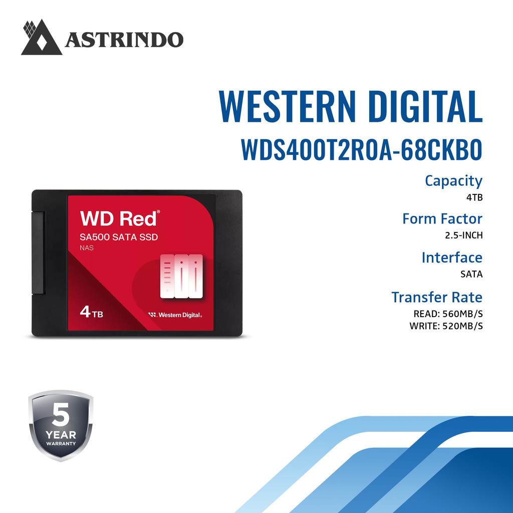 Western Digital 4TB WD Red SA500 NAS 3D NAND Internal SSD Solid State Drive - SATA III 6 Gb/s, 2.5"/