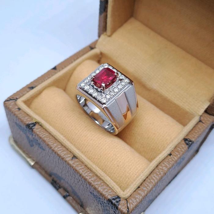 Cincin Silver Pria Mewah Batu Ruby | Berlian Asli