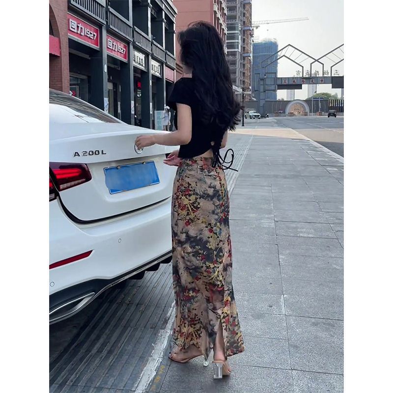 2026 New Summer Slit Bodycon Long Skirt Vintage Floral High-Waisted Skirt