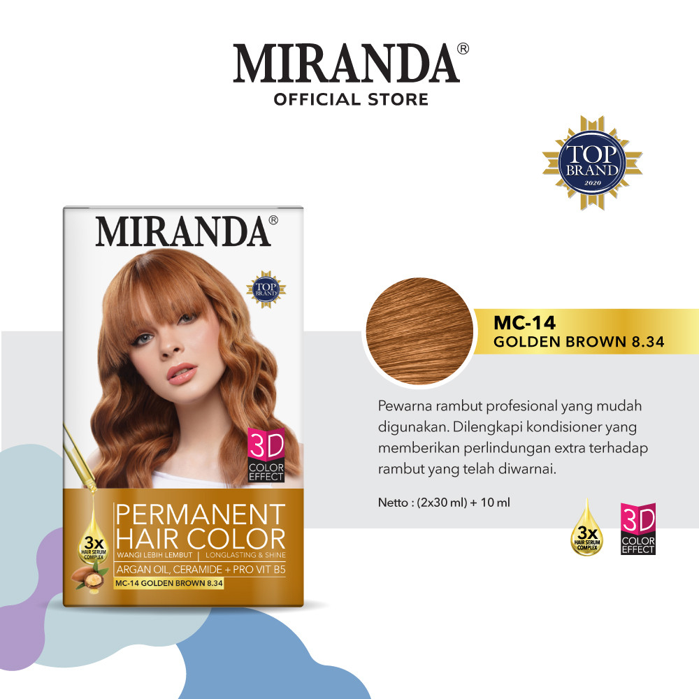 Miranda Hair Color (Cat Rambut Permanen) MC14 Golden Brown 30ml | Semir Halal Warna Coklat Emas