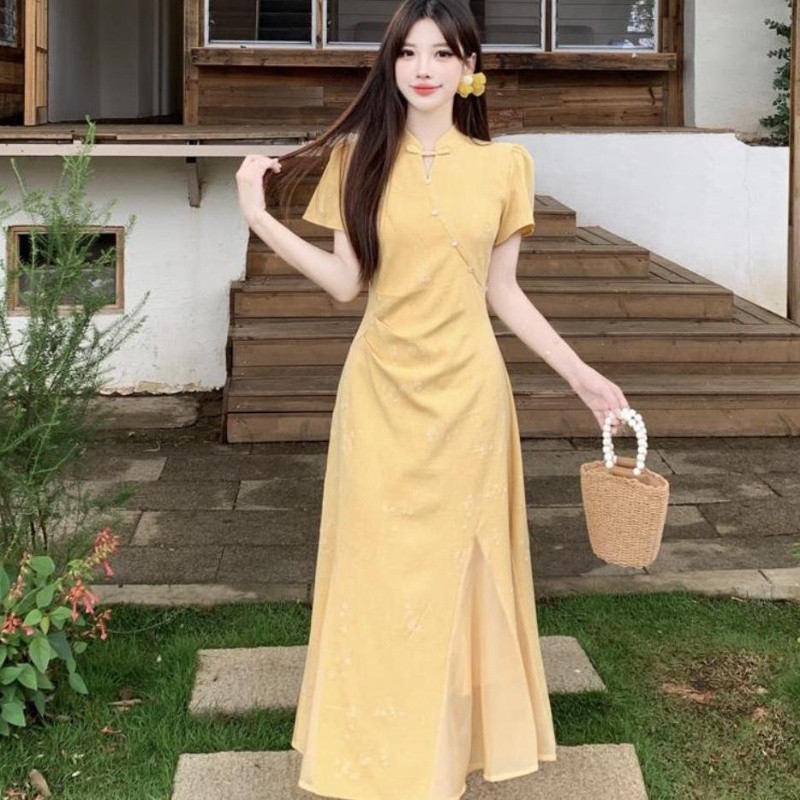 Dress Cheongsam Wanita Jumbo Kuning Jacquard Chinese Style Elegan Midi Dress Slim Look Baju Pesta Ko