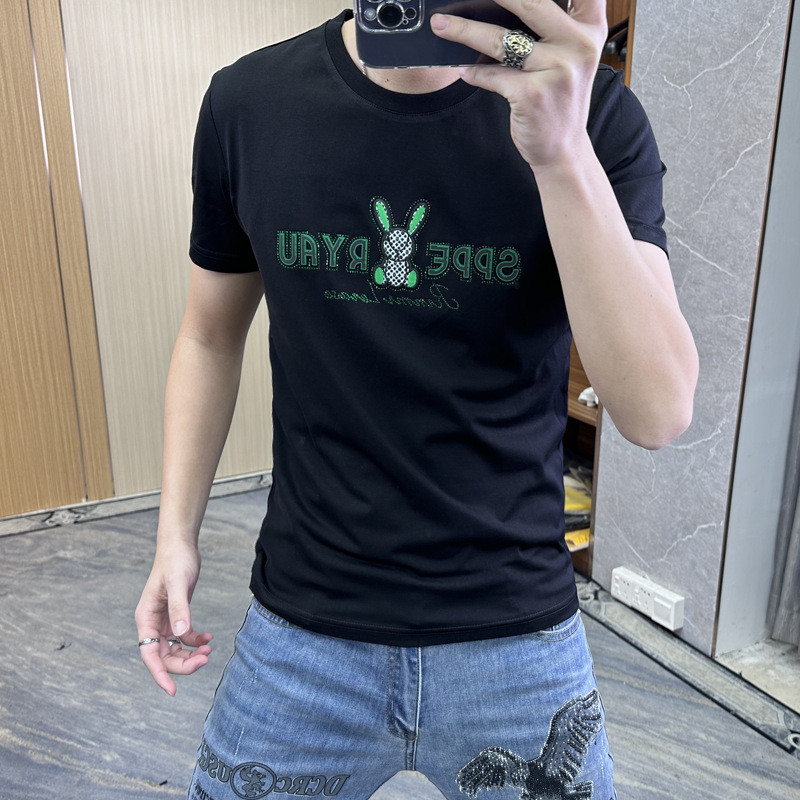 Kemeja pria lengan pendek berkualitas tinggi T Baju Kaos   Eropa dengan Hiasan Batu Rhinestone